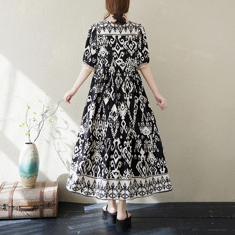 DIMANAF 2025 New Summer Women Plus Size Vintage Printing Dress Loose Elegant Basic Casual Long Dress Maxi