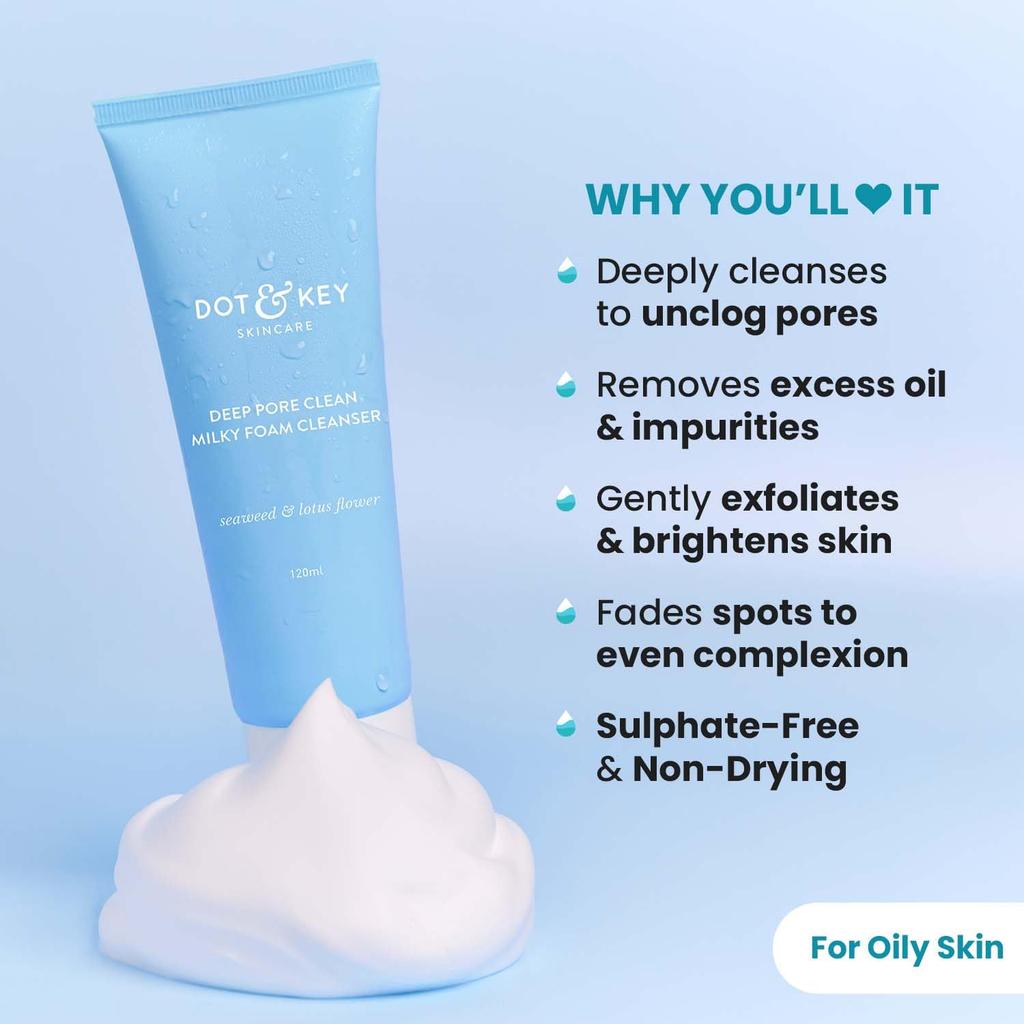 Dot & Key Deep Pore Clean Schaumiges Gesichtswaschmittel 100 ml Packung mit 1 Stück für den täglichen Gebrauch Minimiert Poren Kontrolliert Öl Feuchtigkeit