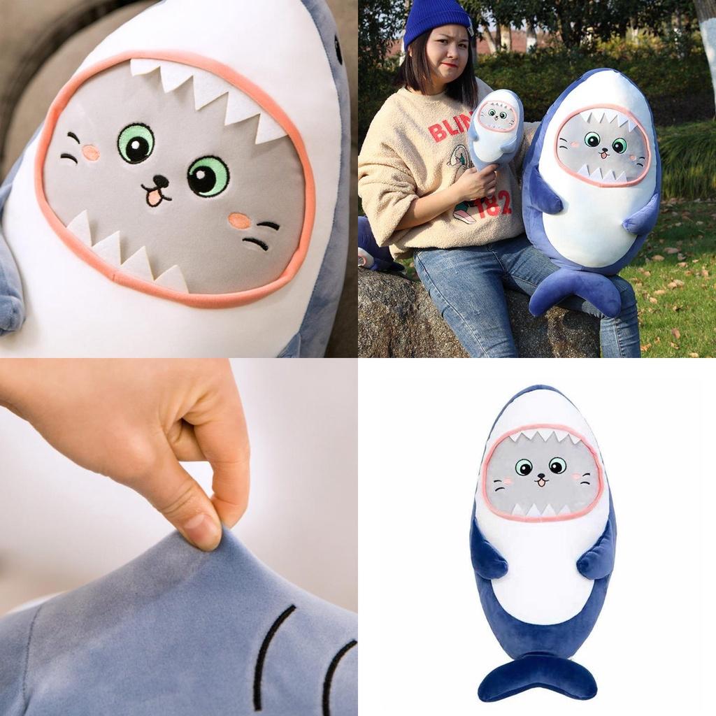 Cute Shark Plush Pillow With Cat Face Stuffed Animal Blue/grey 30/60cm Super Soft Short Plush