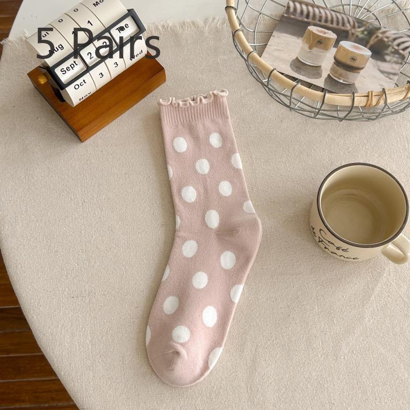 

5 пар новых женских осенне-зимних ретро- и универсальных кружевных носков в горошек до середины голени 5 Pairs розовый