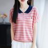 Women Knit T-shirt 100% Wool MODERN NEW SAGA Summer Knitted Shirt Short Sleeve Tees Turn-down Collar Patchwork Pullover Knit Tops