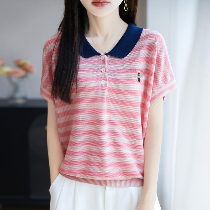 Women Knit T-shirt 100% Wool MODERN NEW SAGA Summer Knitted Shirt Short Sleeve Tees Turn-down Collar Patchwork Pullover Knit Tops