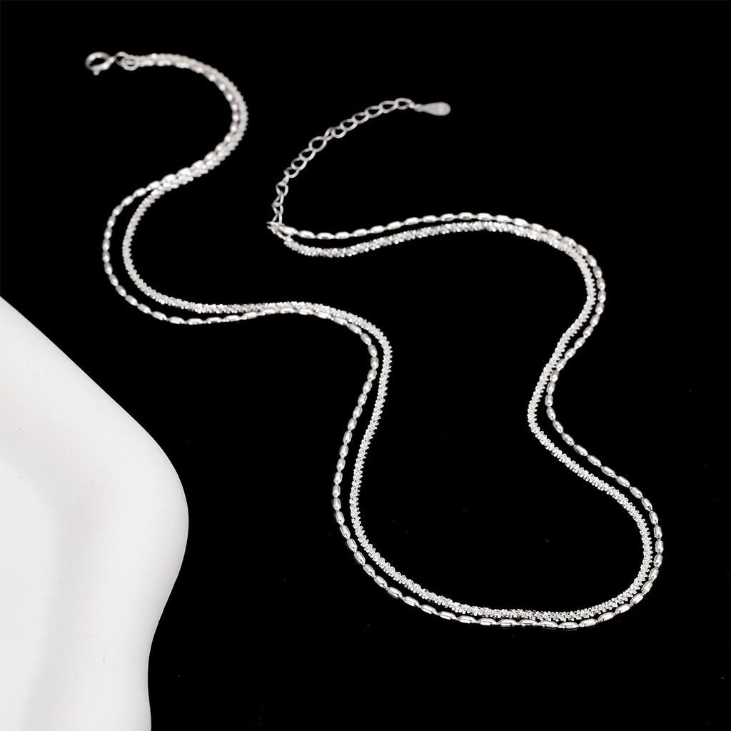 S925 silver small rice grain double layer stacked necklace femininity versatile gypsy star sparkling plain silver neck chain