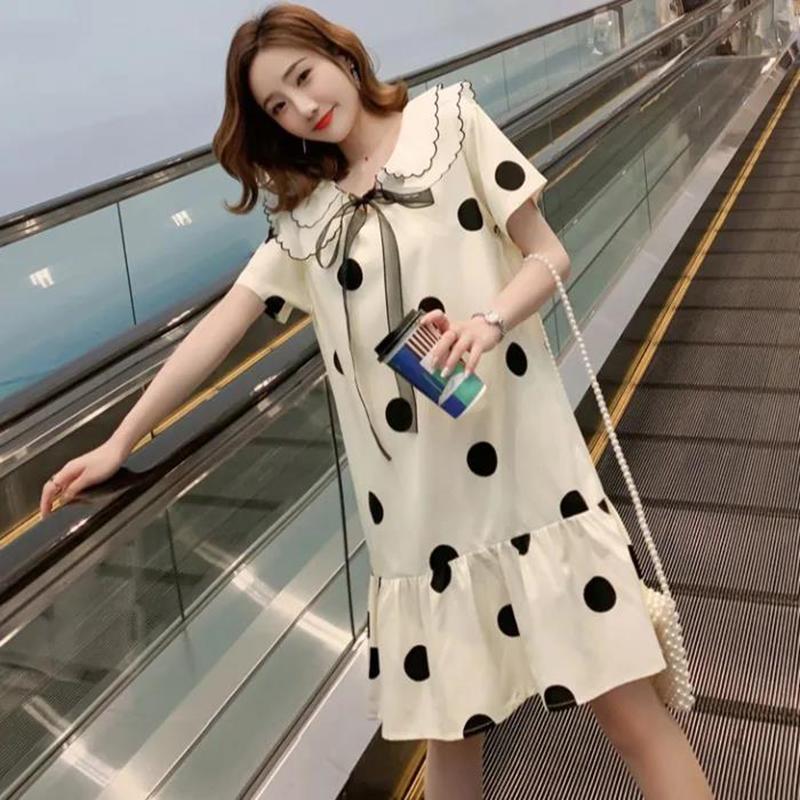 

Платье в горошек оверсайз M-XXXXL, женское летнее платье до колена с короткими рукавами и отложным воротником M-XXL, оборками XXL бежевый