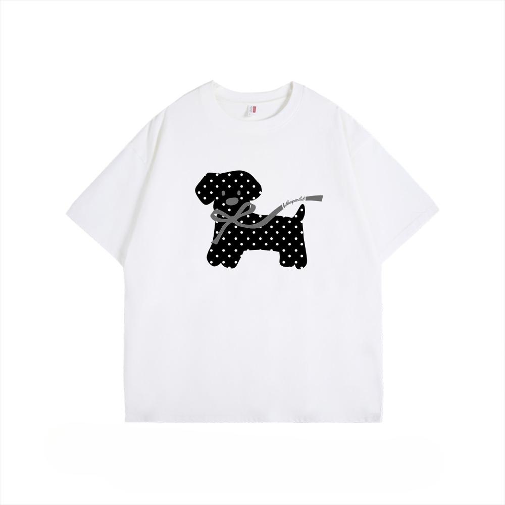 American Retro Polka Dot Puppy Print Summer European and American Loose Fitting Mens and Womens Graphic T Shirts S