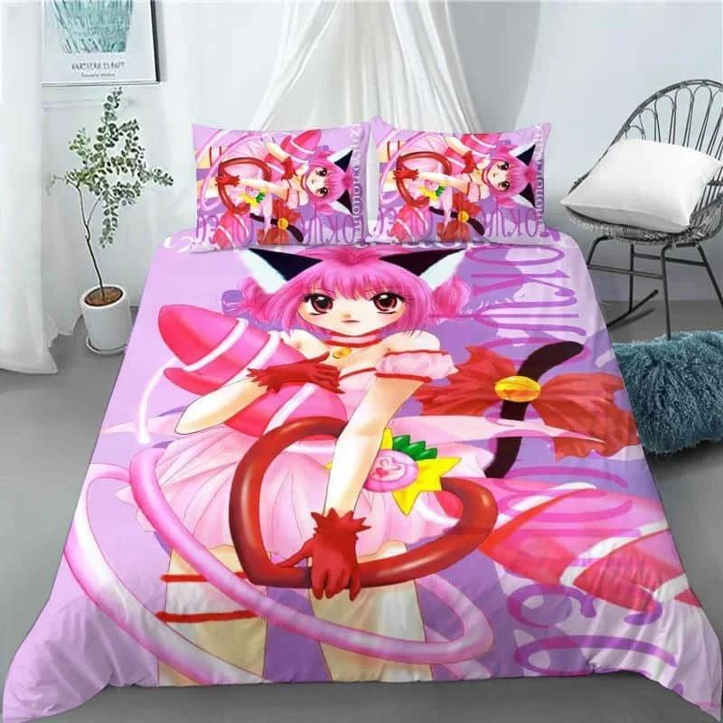 New 3D Anime Kawaii Girls Tokyo.Mew.Mew Bedding Set Duvet Cover Bedclothes Comforter Cover With Pillowcase For Kid Home Textiles