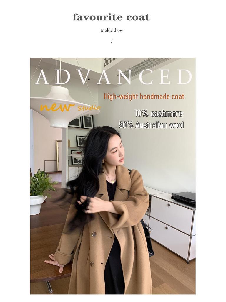 Women's Camel Wool Overcoat - Autumn/Winter High-End Suit with Belt, Petite Fit, Long H-Version, Elegant Temperament, Style 801