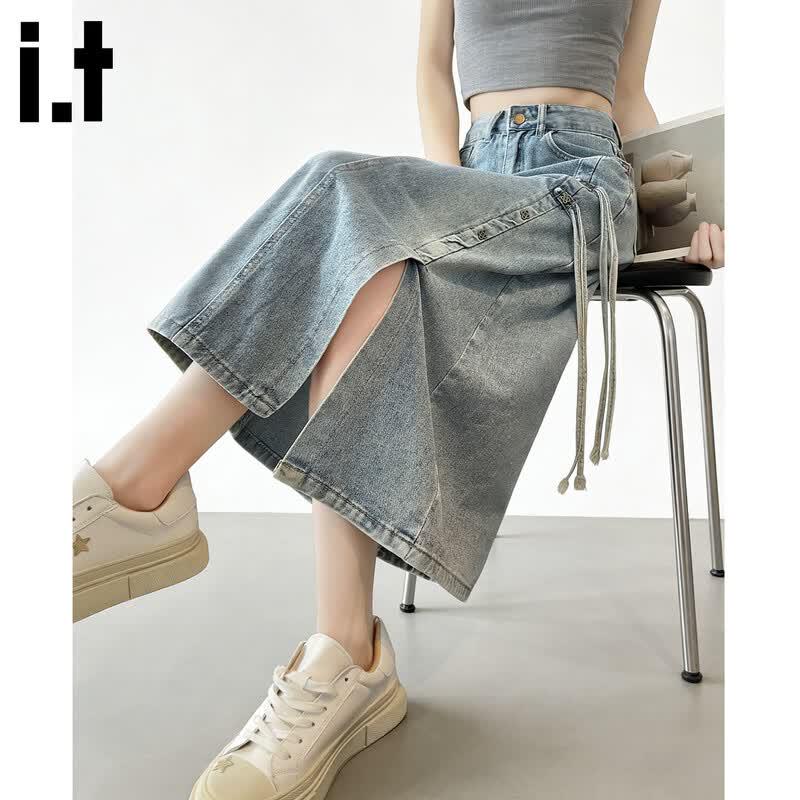 Fingercroxxit Women s High-Waisted Split Denim Midi Skirt L