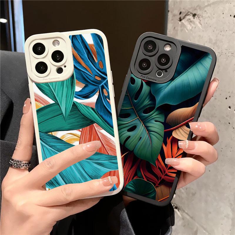Leaves Monstera Green Case For iPhone 14 Plus 14 13 12 11 Pro Max XR XS X 7 8 Plus SE 2020 Cases Cute Soft Silicone Back Covers