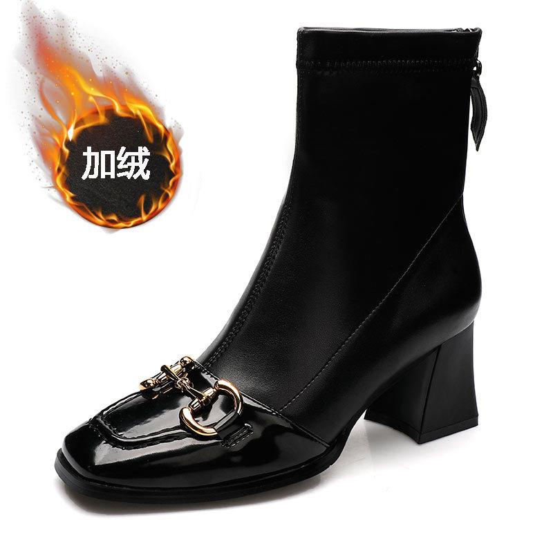 2025 new British Martin boots square head white short boots spring and autumn single boots horse buckle high heels thick heel