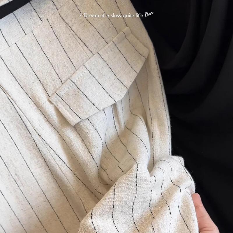 Old Qian Feng Vertical Pattern Refreshing Linen Wide-leg Pants High Waist and Thin Straight Casual Pants Lazy Temperament Trousers with Belt