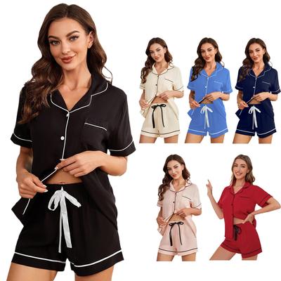 Summer Women's Pajamas Sets Short Sleeve Notched Collar Top Tee Button Down Elastic Waist Shorts Home Suit Loungewear Sleepwear