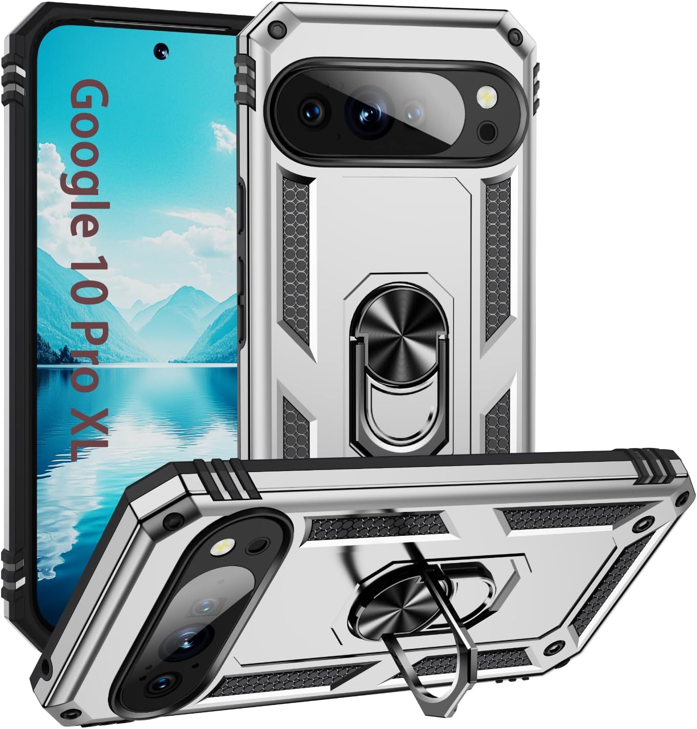 

Hot Sales 2IN1 Military Car Magnetic Phone Cover For Google Pixel 10 9 8 Pro XL Shockproof Ring Holder Heavy Duty Protector Case Google Pixel 9 серебряный