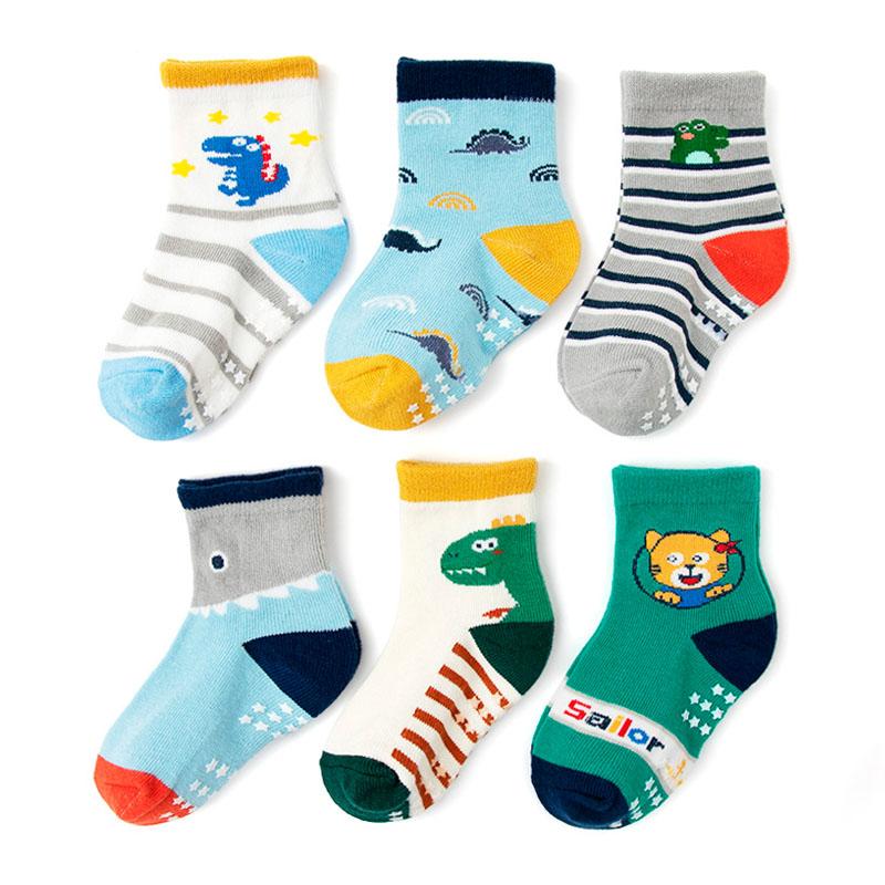 

6 пар детских носков с нескользящей подошвой – милые детские носки с мультяшным рисунком, дышащие, удобные для ношения дома и в любое время года S 0-1Y 10-12cm