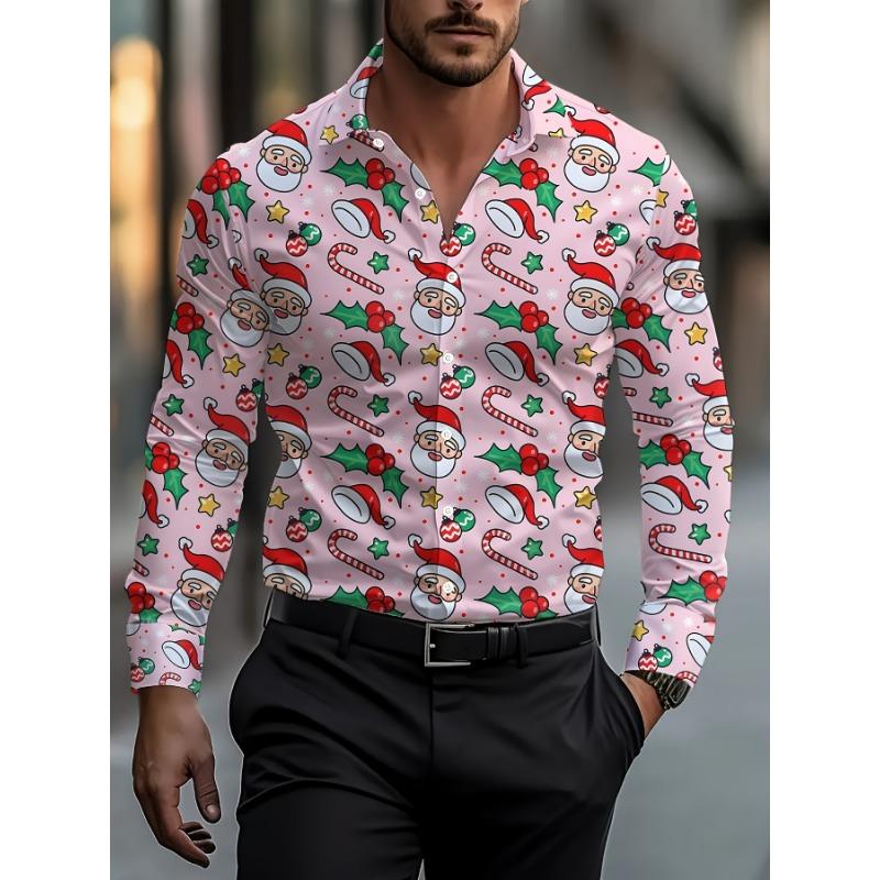 Christmas Festival Theme Men's 3D Printed Formal Shirts Christmas Tree Santa Claus Graphic Long Sleeve Shirt Fashion Men's Shirt