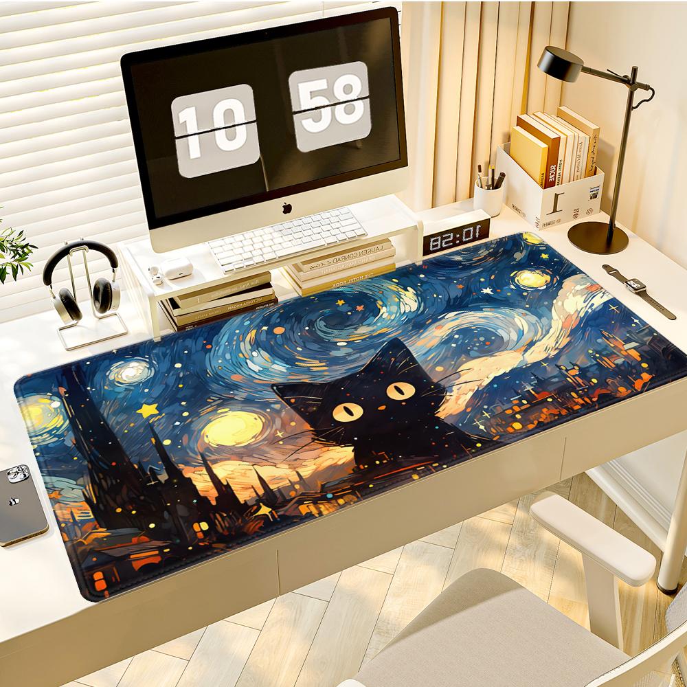 Gaming Mouse Pad Large Desk Mat Antislip Stitched Edges Cute Black Cat  Starry Night City Print Keyboard Mat for Gamers