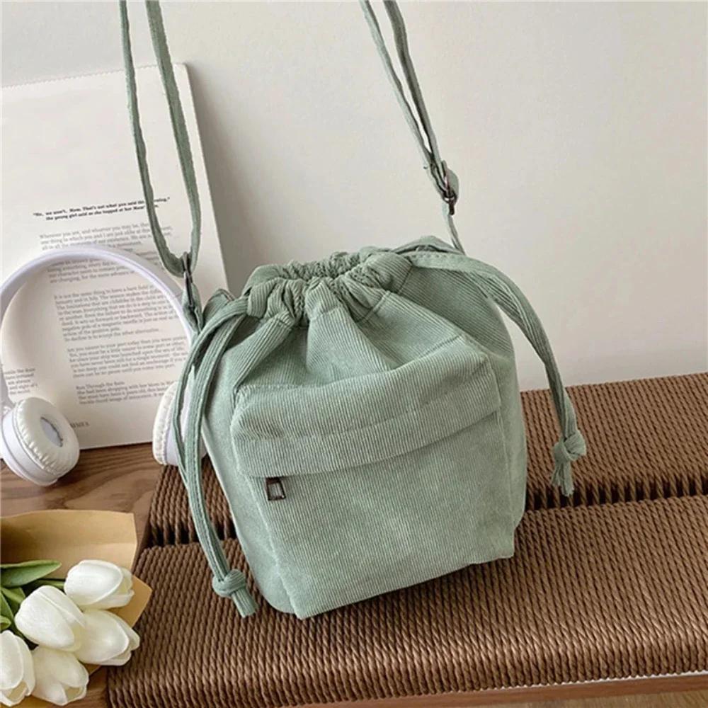 Corduroy Drawstring Crossbody Bag Casual Bucket Purse with Adjustable Strap for Daily Use Travel Shopping School