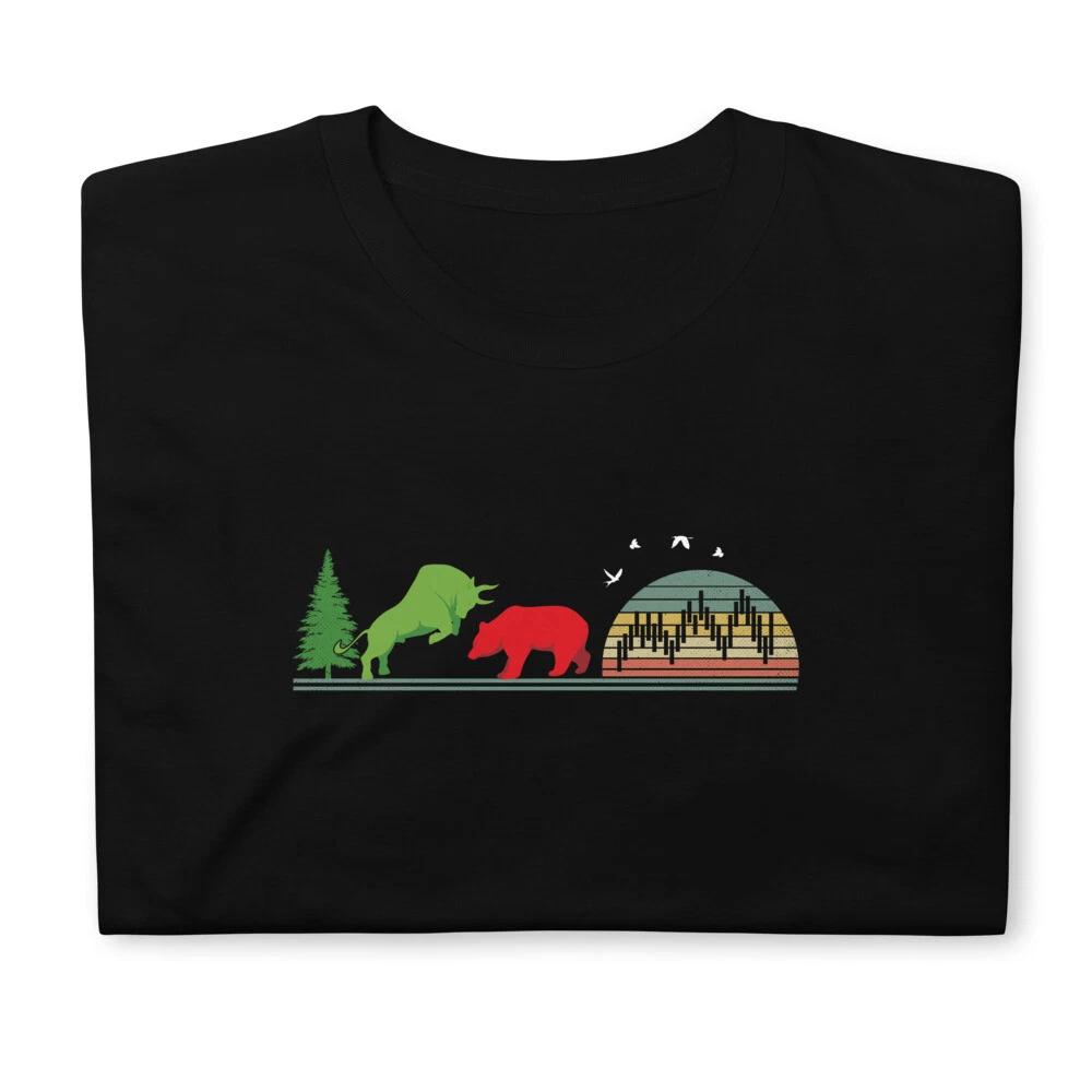 Retro Sunset Bull & Bear T- Shirt Stock Trader Trading Tee 3XL