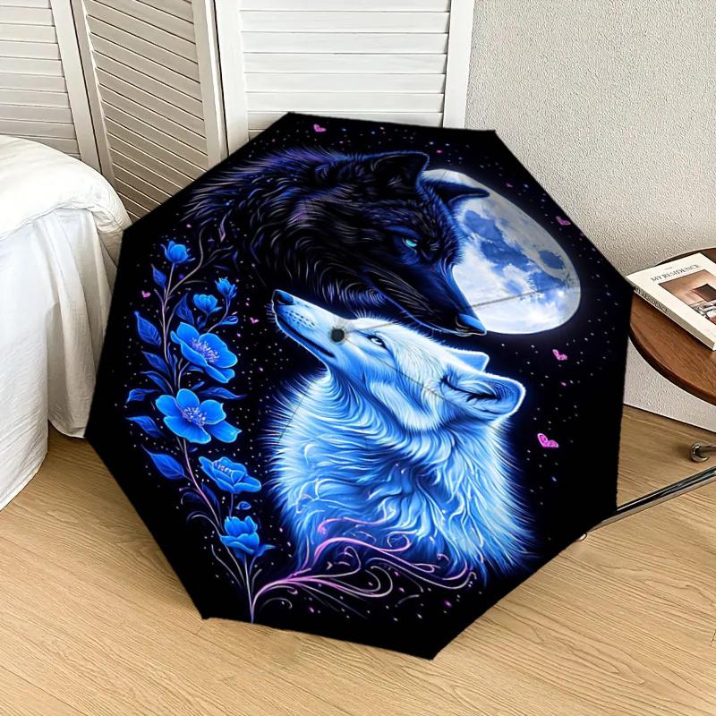 Blue Moon Wolf Floral Design Automatic Opening/Closing Umbrella with Foldable Design, Iron Frame, Outdoor Use, Festival Gift for Fans, Trave