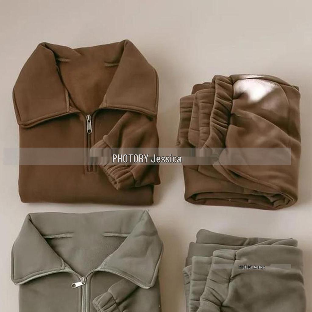 Korean Style Winter Fleece Set: High Neck Half-Zip Top & Joggers for Boys and Girls