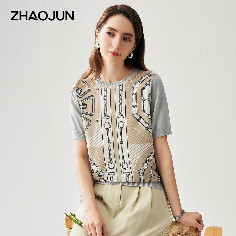Zhaojun Women s Silk Blend Retro Print Short Sleeve T-shirt L