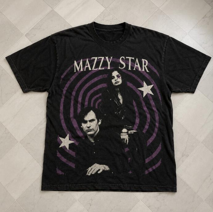 Mazzy Star Band T-Shirt Black Graphic Spiral Print Short Sleeve Tee