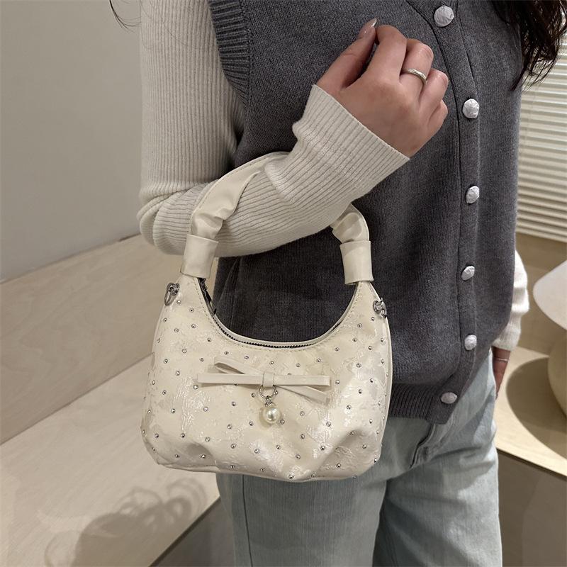 Sweet Polka Dot Bow Pearl Women Shoulder Bags Portable Ladies Chain Crossbody Bag Pleated Design Female Hobos Handbags Purse