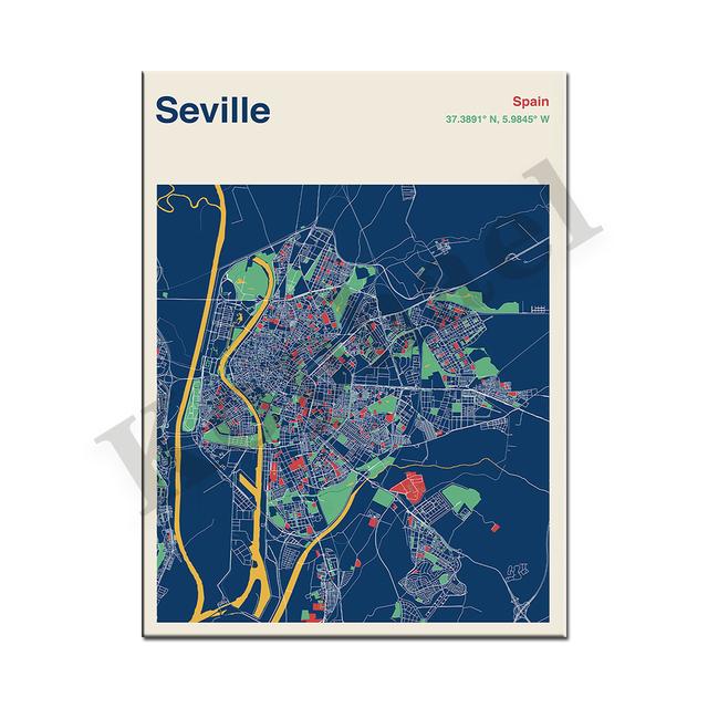 Barcelona. Seville. Bilbao. Madrid. Almeria. Spain City Color Map. Wall Art. Poster