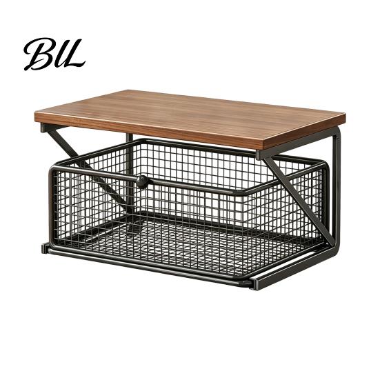 Dust Proof Storage Drawer Coffee Station Organizer with Drawer, Tiered Bar Organizer, Wooden Top Shelf, Accessories Wire Mesh Drawers for Tea