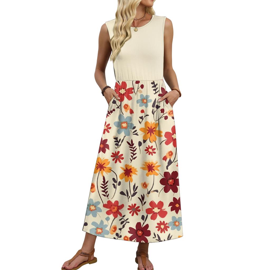 Sleeveless Floral Print Maxi Dress for Women Casual Waist Defined Long Dress Lightweight Summer Style Crew Neck