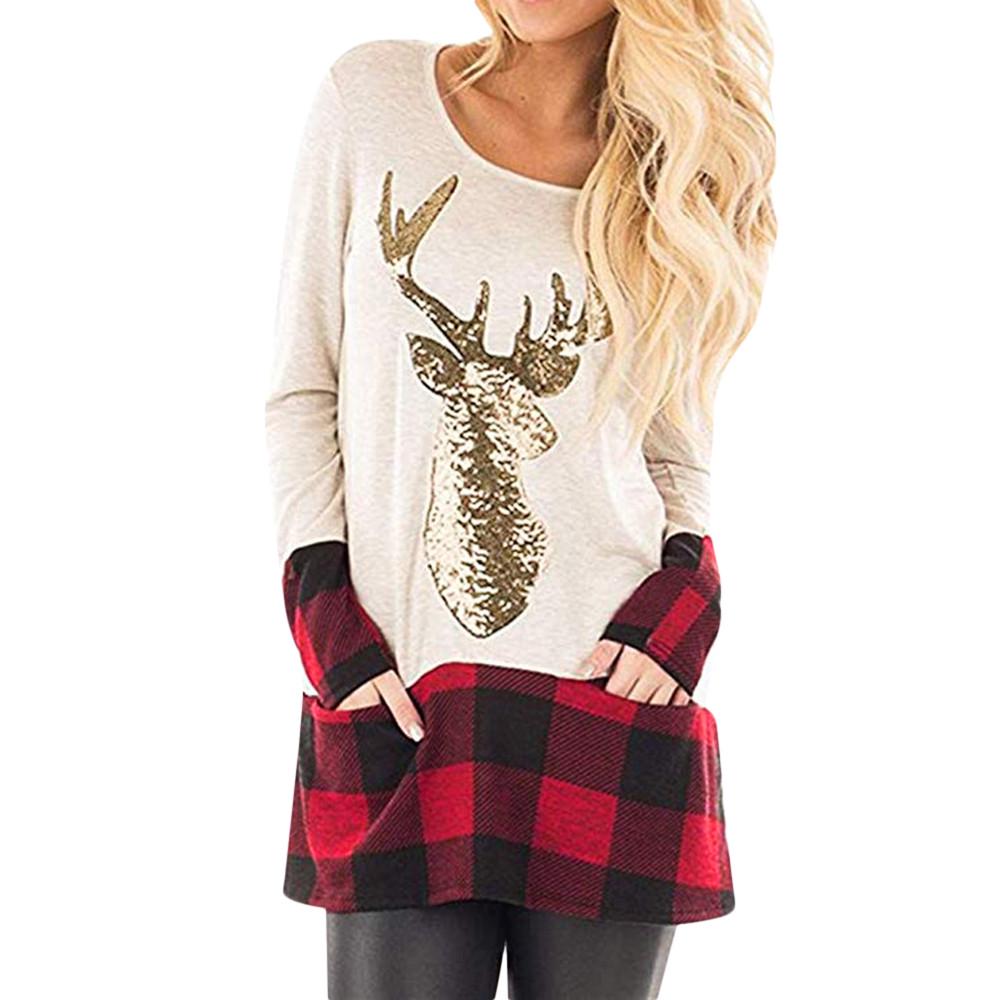 Womens Christmas Tops Plaid Splice Hem Long Sleeve Cute Tunic Blouse