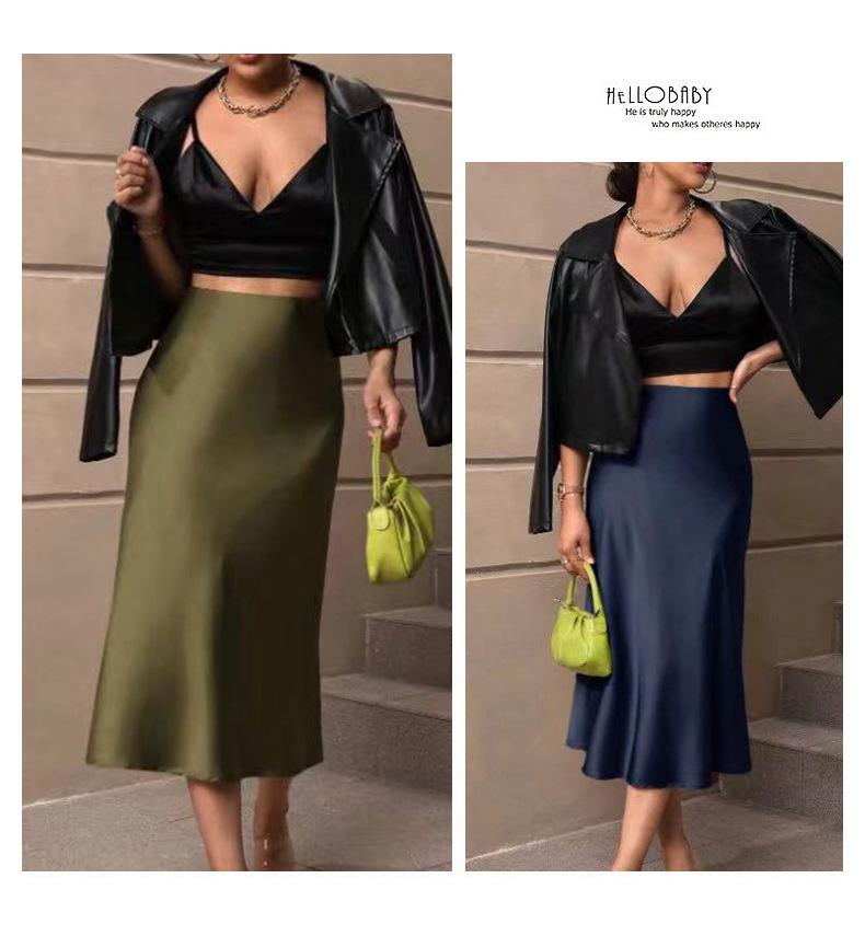 Jesienna satynowa spódnica midi z rybim ogonem - Nowa europejska i amerykańska moda damska