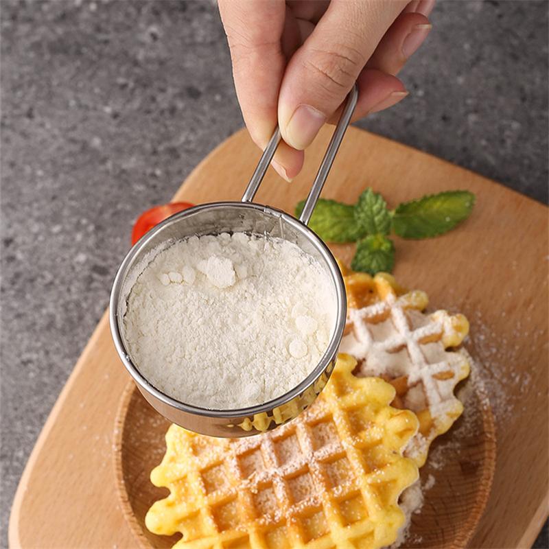 40 mesh rustfritt stål melsikt med håndtak Kjøkken Håndholdt rundt filter Kaffesukker Pulver Sifter Shakers Bakeverktøy
