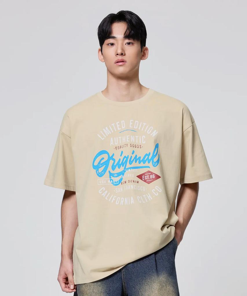 AGOD Original Camping Lettering Short Sleeve T-Shirt [Light Beige]