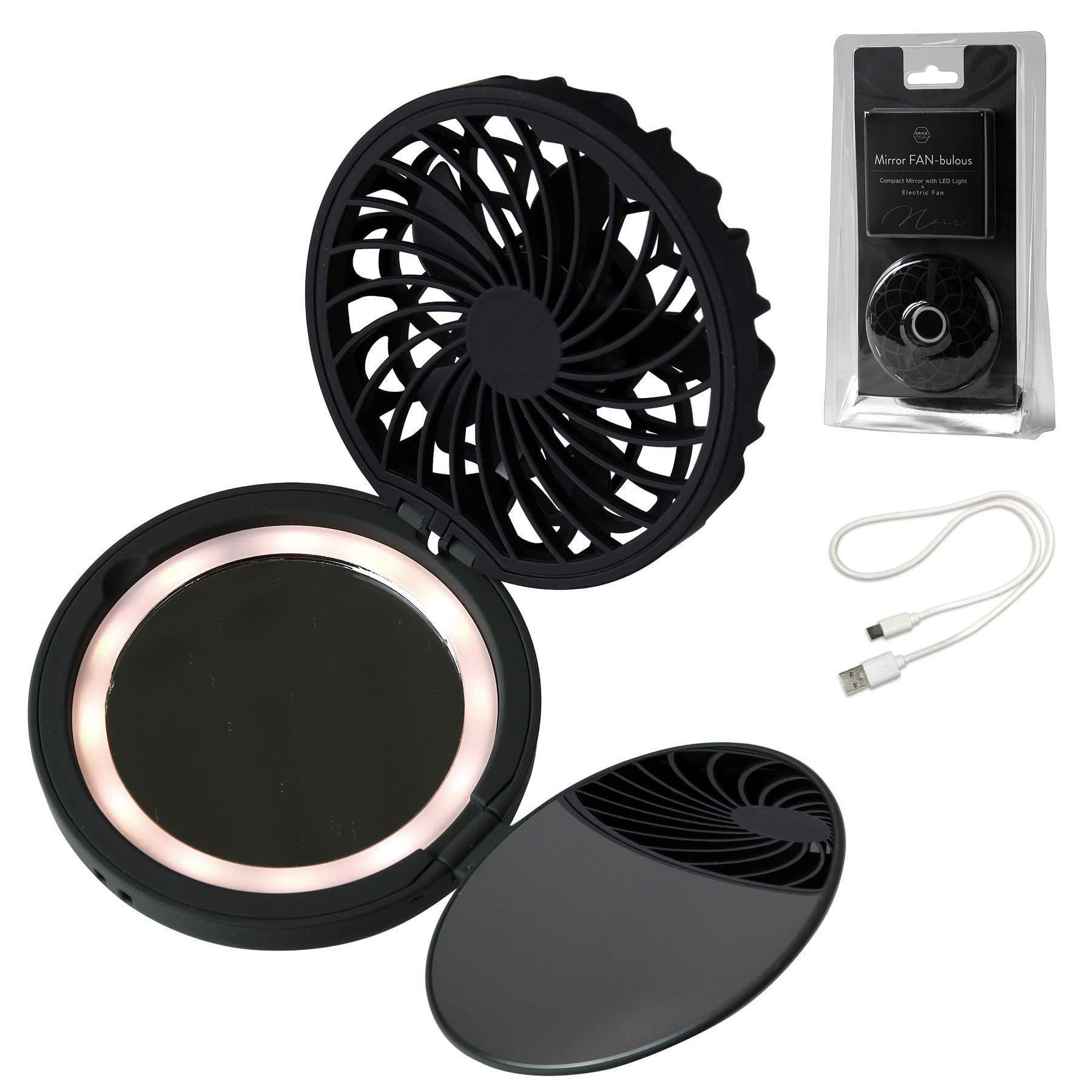 

SPICE OF LIFE Compact Portable Fan with LED Mirror Fanbulus Noir Black Mirror Magnifying Glass Neck Hanging USB Rechargeable 3 Levels of Air Flow чёрный