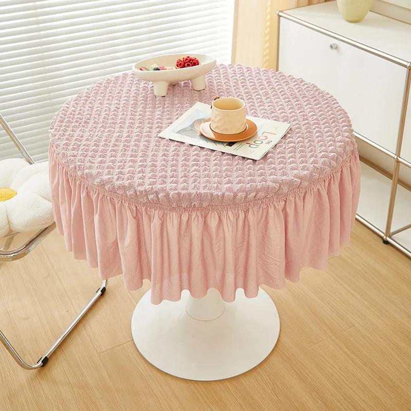 Round Bubble Gauze Tablecloth Seersucker Solid Color Elastic Table Skirt Modern Simple Style Home Decoration Dining Table Cover