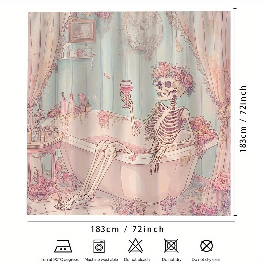 1pc Valentine's Day Pink Skull Digital Print Shower Curtain, Machine Washable, Woven, Bathroom Decorative Pattern Curtain