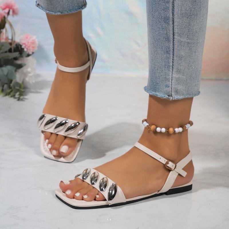 Fashion 2025 Brand Ladies Shoes Buckle Strap Women's Sandals Fashion Metal Decoration New Open Toe Plus Size Comfortable Flat Sandals