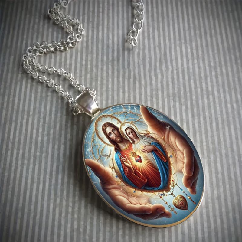 

Стильное винтажное ожерелье с подвеской в виде Иисуса и Девы Марии, символа христианской веры и мира, с кулоном из стекла с часовым механизмом для мужчин и женщин