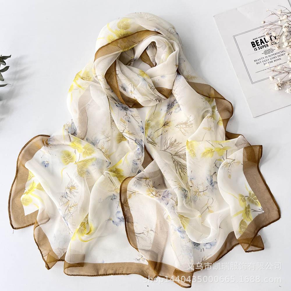 Neuer Sonnenschutz Langer Seidenschal Mohnblume Dünne Imitationsseide Frühling und Sommer Georgette Dekoration Damen Bedruckter Schal