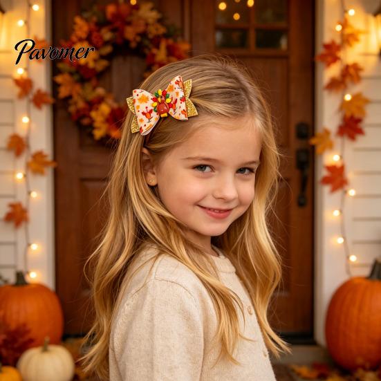 Festival Style Hair Accessories Thanksgiving Turkey Bow Clip for Girls, Decorative Pins, Cute Cartoon Clips Double Layer Glitter Clip, Autumn Holiday