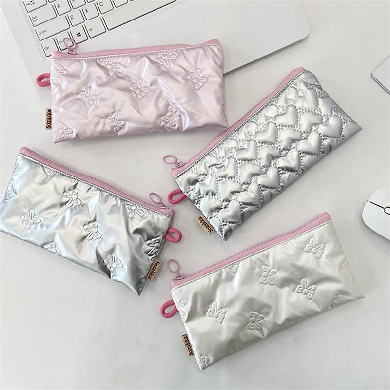 Sweet Quilted Bow Love Flap Pencil Case Organizer Coin Purse  Girly Cosmetic Bag Women Portable Sundries Storage Bag Gift