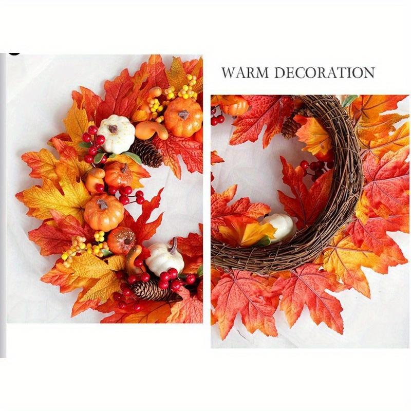 1pc Autumn Door Wreath Christmas Halloween Decoration Pumpkin Berry Pine Cone Maple Artificial Wreath Cloth Rattan Material Home Decoration