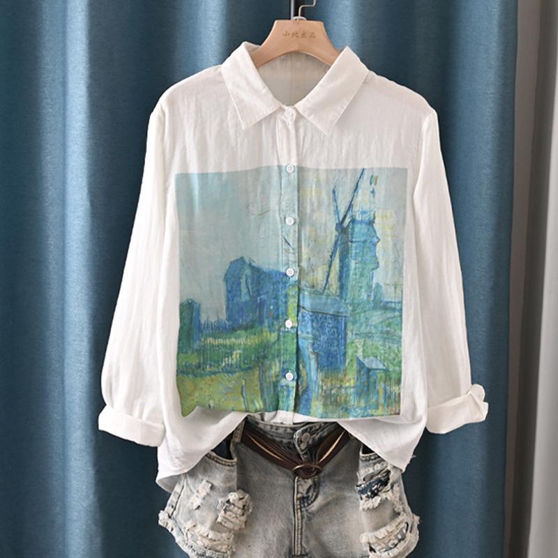 Spring Autumn White Top Double Layered Cotton Yarn Shirts Women Lapel Collar Long Sleeve Printed Blouses