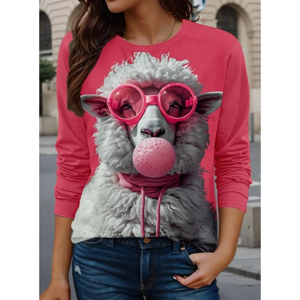 Funny Animal Cattle 3d Print Long Sleeve T-Shirt Women's Fashion Casual Oversized Round Neck T-Shirt