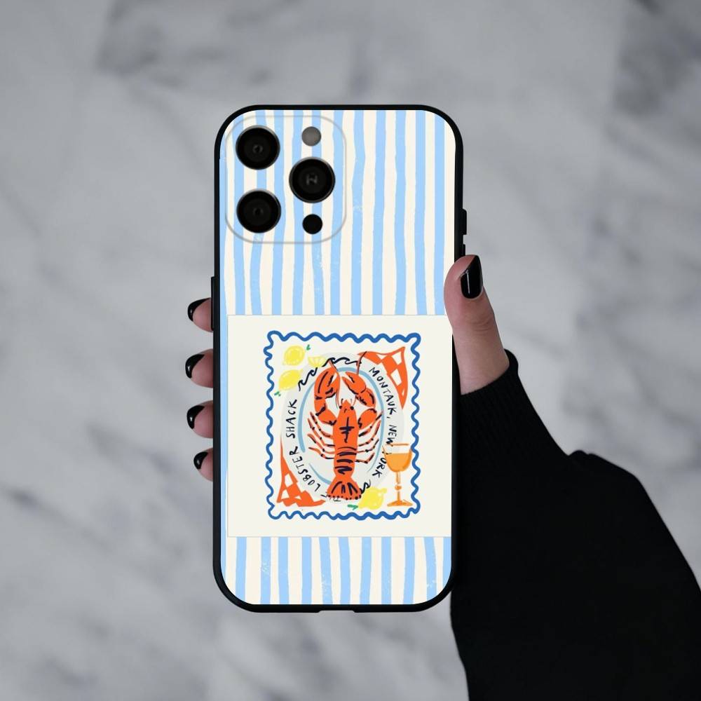 L-Lobster On S-Stripes Ocean Phone Case For iPhone 17pro,16,15,14,13,12,11 Plus,Pro Max,XS,Soft Silicone Black Cover