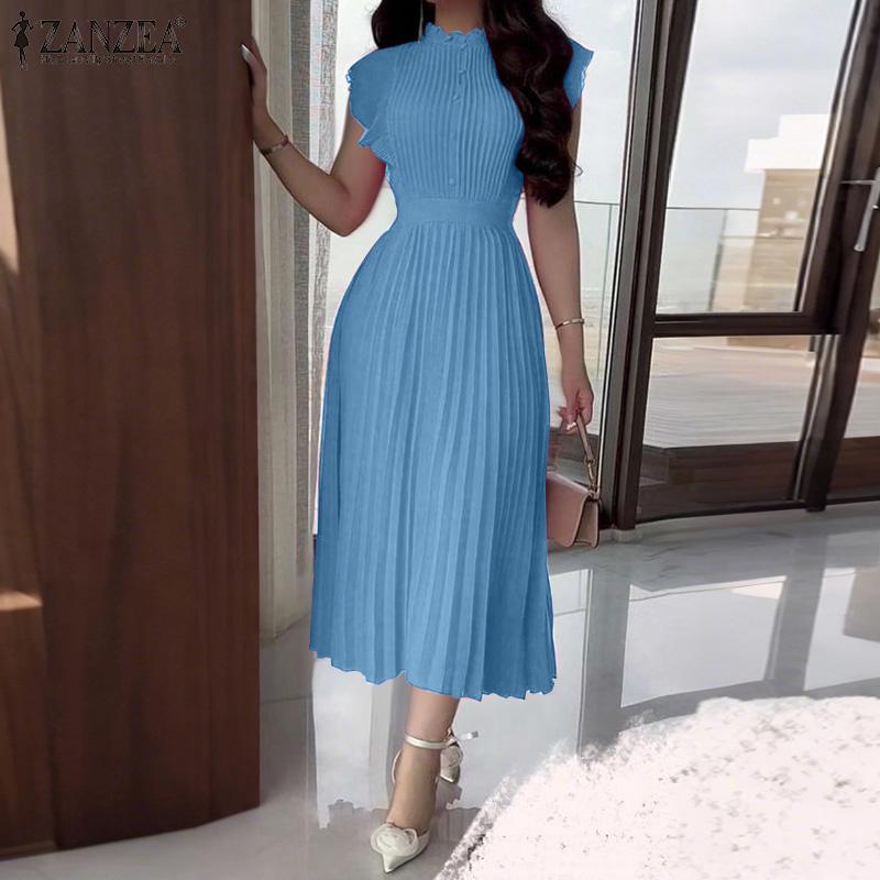 ZANZEA Women Elegant Casual Round Neck Sleeveless Pleated Dress