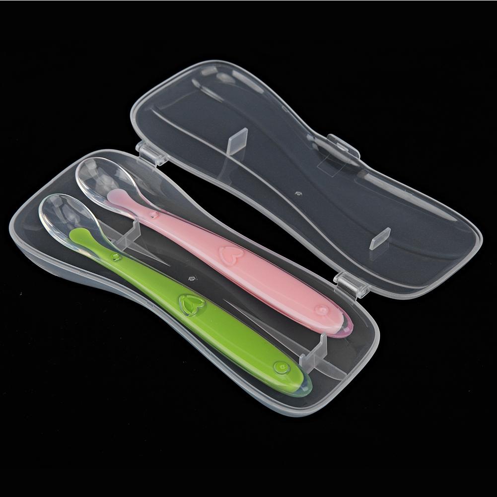 2PCS/Set Silicone  Soft Tip Spoons for Babies Over 4 Months Old with Box (Green and Pink)