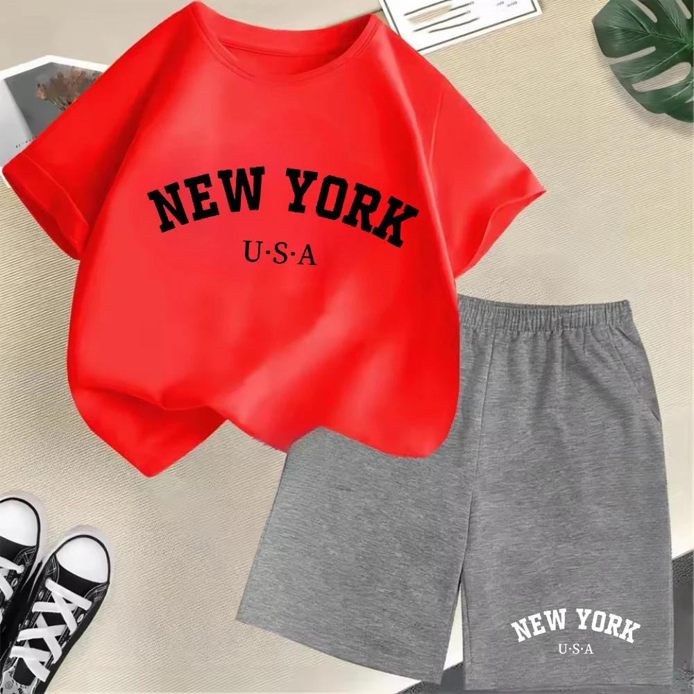 2026 New Kids Boys Girls New York Letter Pattern Polyester T-shirt+Shorts 2-Piece Set Casual Daily
