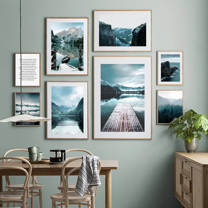 Naturlandskapsmålning Sjö Snöberg Canvas Poster Nordisk Stil Konsttryck Skog Brygga Citat Väggdekoration Bild